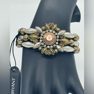 Lane Bryant Expandable Open Cuff Brass Tone W Floral Beading